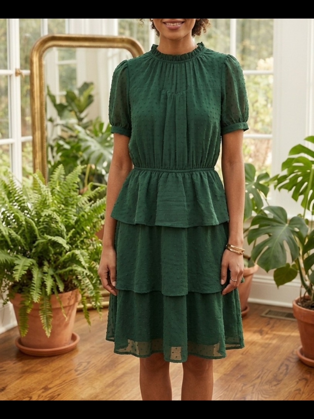 Monteau Los Angeles Womem's Forest Green Tiered Swiss Dot Midi Dress Size Medium